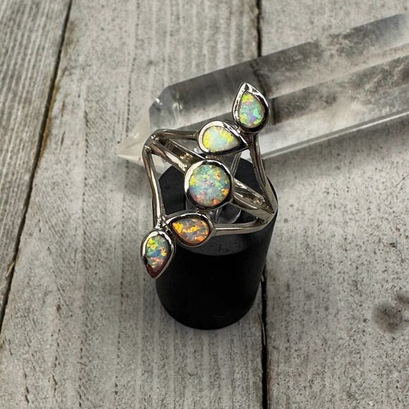 Sterling Silver Lab Opal Ring Size 8 - Picture 1 of 6